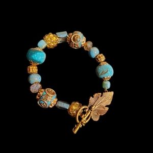 Elegant Gold and Blue Beaded Bracelet 7inch